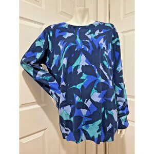 SUSAN GRAVER Blue Floral Print Coastal Long Sleeve LARGE Crewneck Sweater NWT
